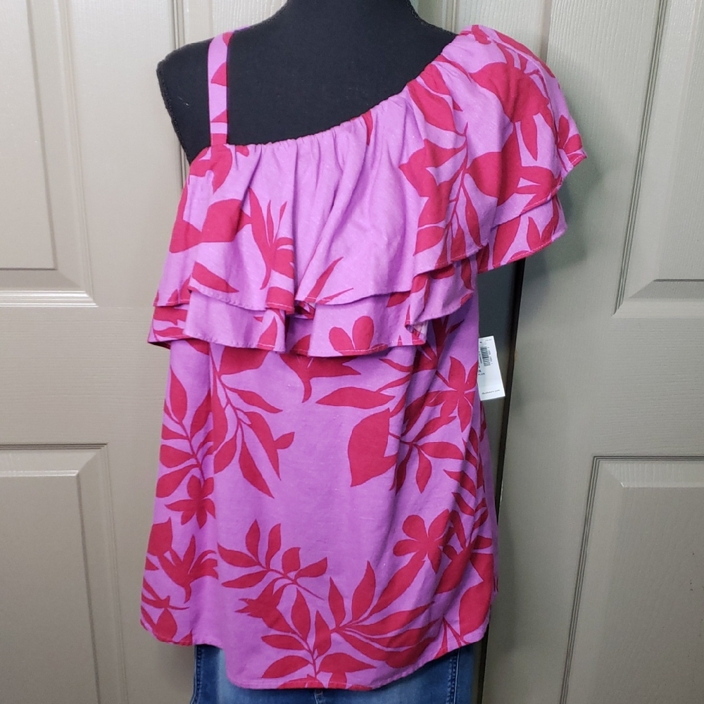 NWT Linen Blend Old Navy Pink Purple Asymmetrical Ruffled Floral Blouse Size 1X